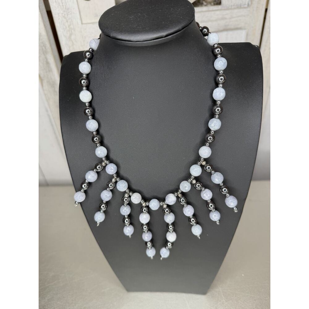 Blue Moonglow and Silver Beaded Necklace Statement Runway - Picture 2 of 4